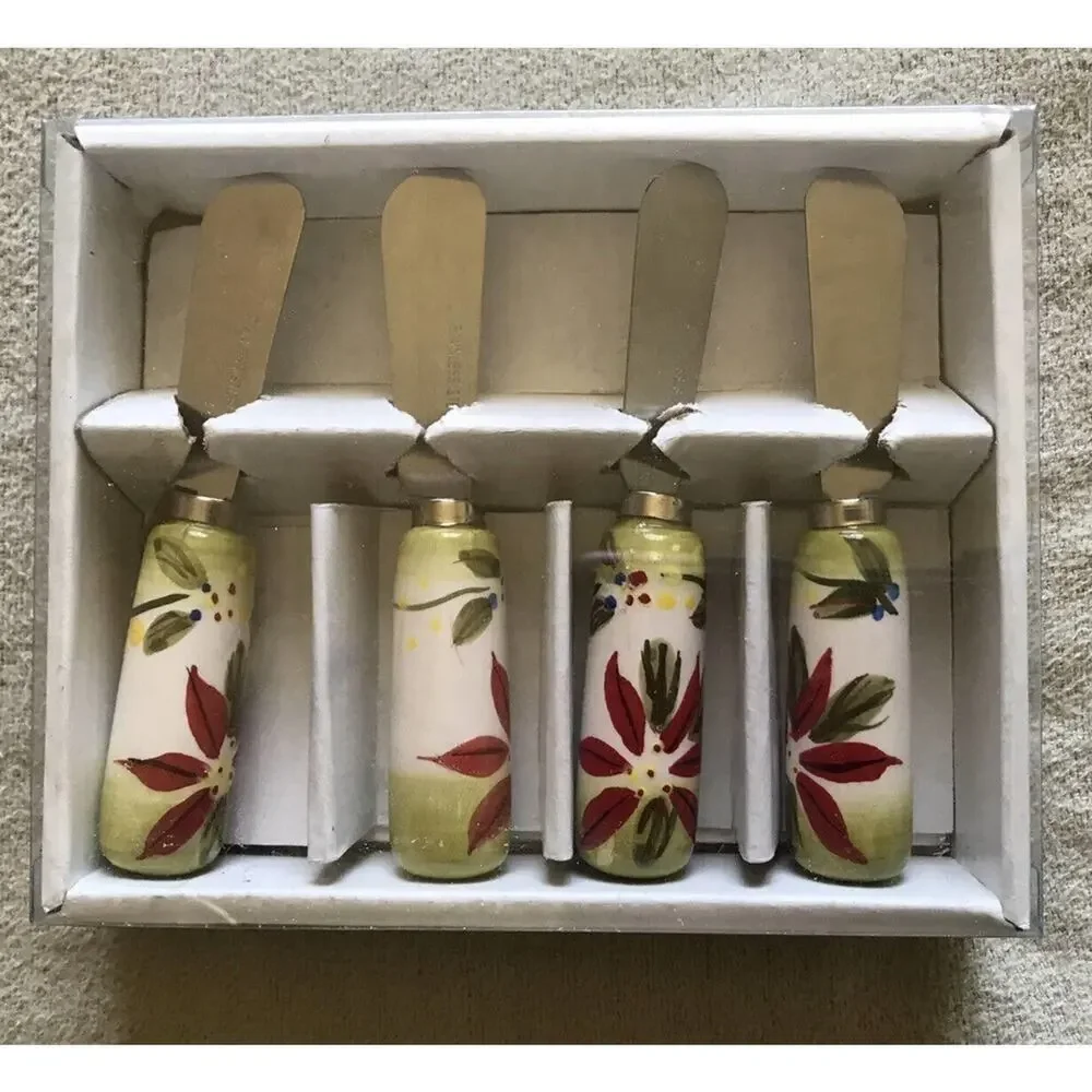 Holiday Corsica Cheese Spreader Set Poinsettia Pattern New In Box